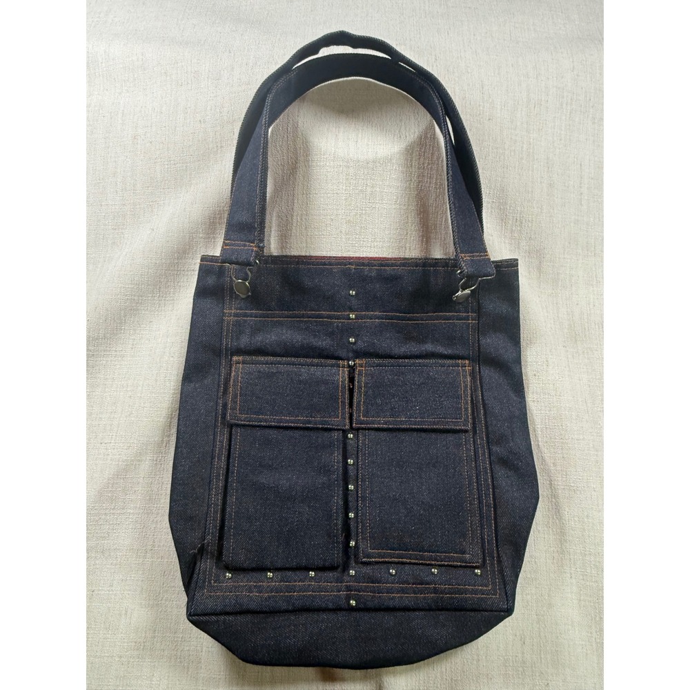 Dark Wash Denim Tote Bag Red Satin Lining Contrast Stitch Rivet Detail Pockets